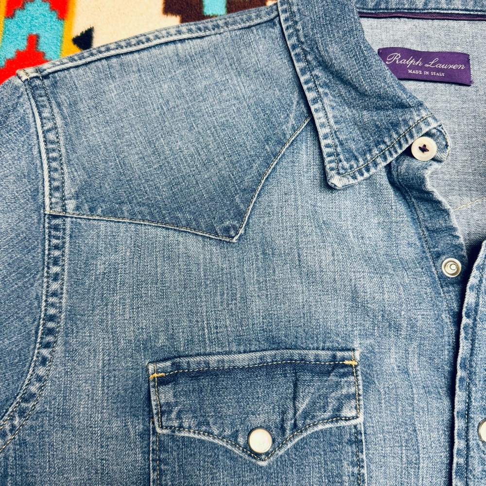 Ralph Lauren Purple Label Denim Western Shirt Large Blue Faded Wash Pearl Snap - Picture 7 of 11